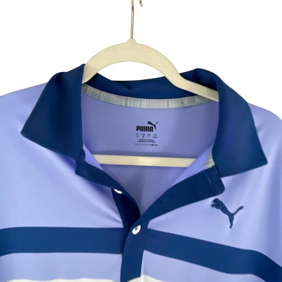 Puma Mens Striped Polo Shirt Blue & Gray Size M Short Sleeve Logo Golf Casual - Picture 3 of 9